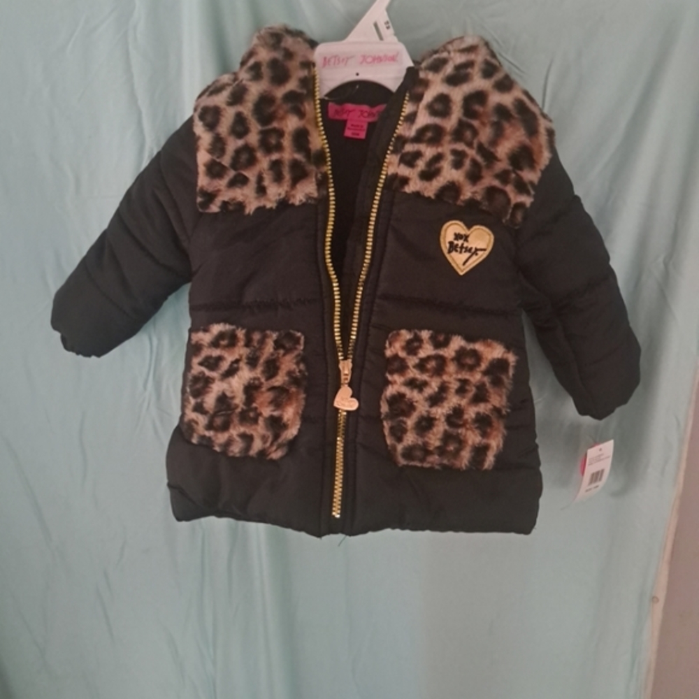 Betsey Johnson, Size 18 M, Girls, Black & Leopard Print Puffer Coat, Faux Fur